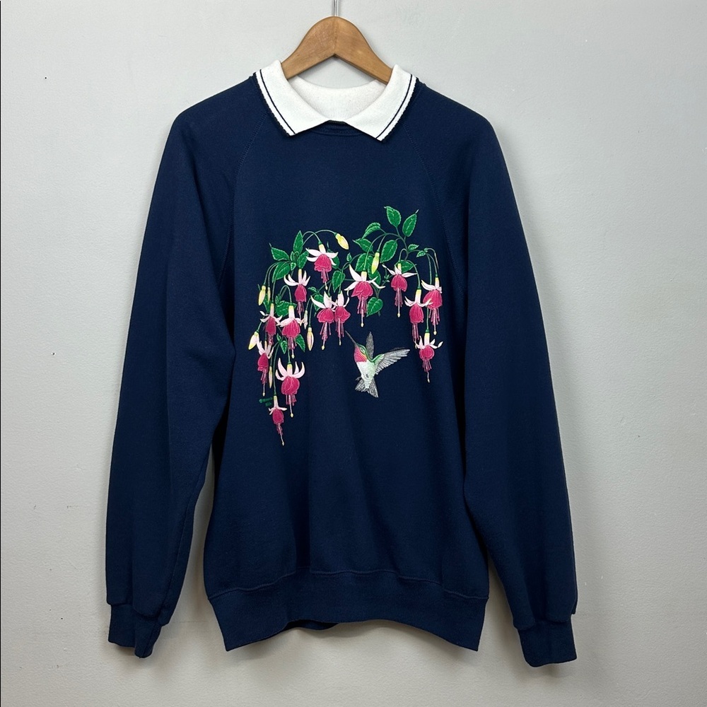 Vintage Morning Star Hummingbird Print Collared Crewneck Sweatshirt Sz XL